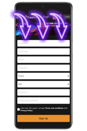 Complete Freshbet casino registration form