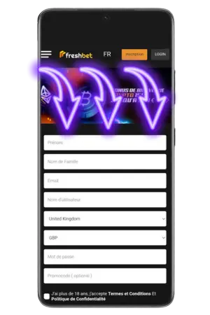 Formulaire inscription Freshbet connexion avec données personnelles requises complètes