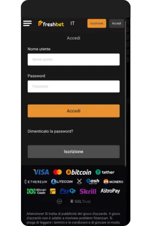 Pagina di accesso al casinò Freshbet Italia