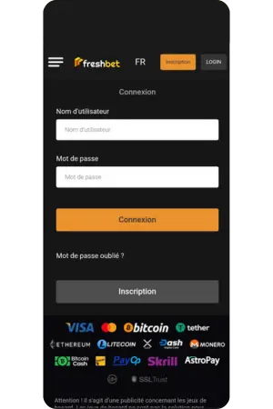 Page Freshbet App connexion sécurisée pour membres existants actifs