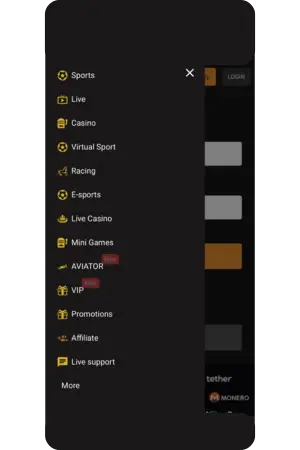 Mobilna nawigacja menu Freshbet do wszystkich sekcji serwisu