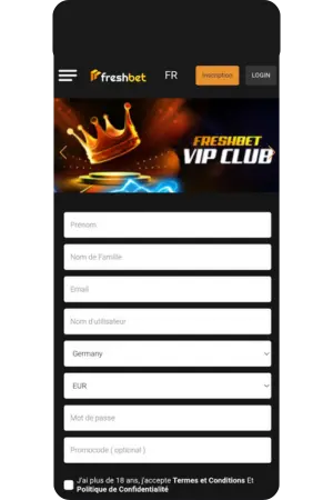 Formulaire inscription rapide Freshbet sign up Bonus en ligne