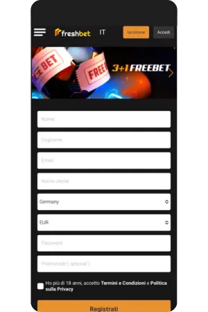 Pagina di registrazione del casinò Freshbet Italia